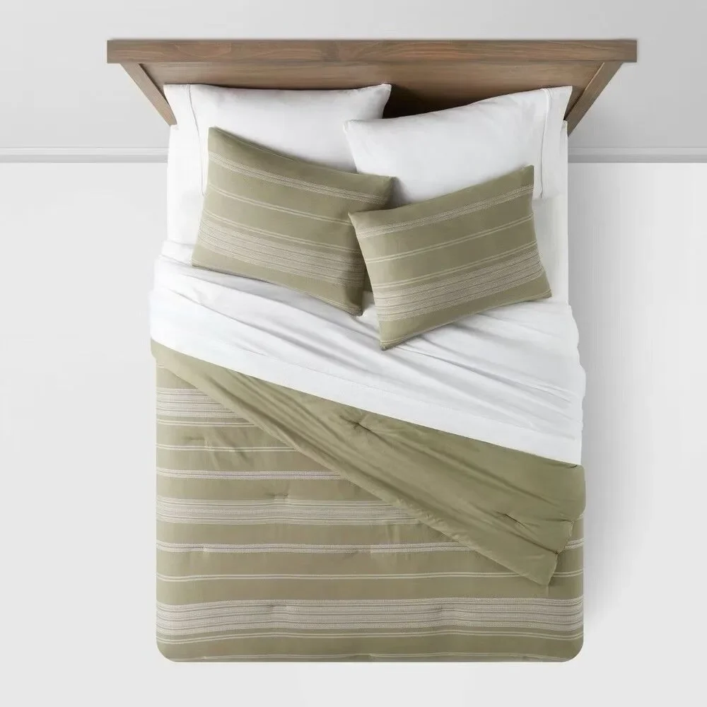 Threshold Cotton Woven Stripe Comforter Set Twin/TXL Moss Green White OEKO-TEX